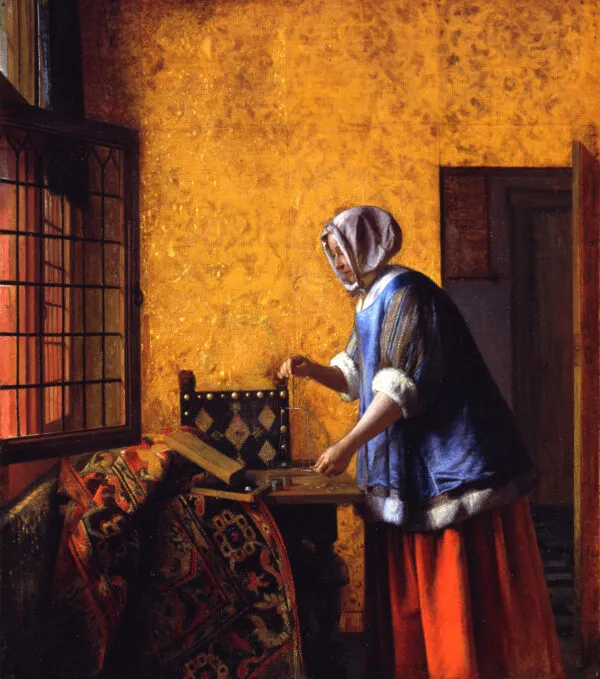 Interior with a Woman weighing Gold Coin (1659) by Pieter de Hooch — original painting reproduced as a hand-painted oil on canvas