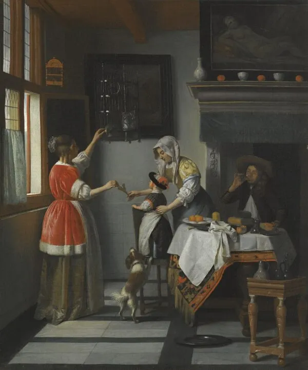 Interior with man drinking and two woman with a child feeding a parrot (1670) by Pieter de Hooch — original painting reproduced as a hand-painted oil on canvas
