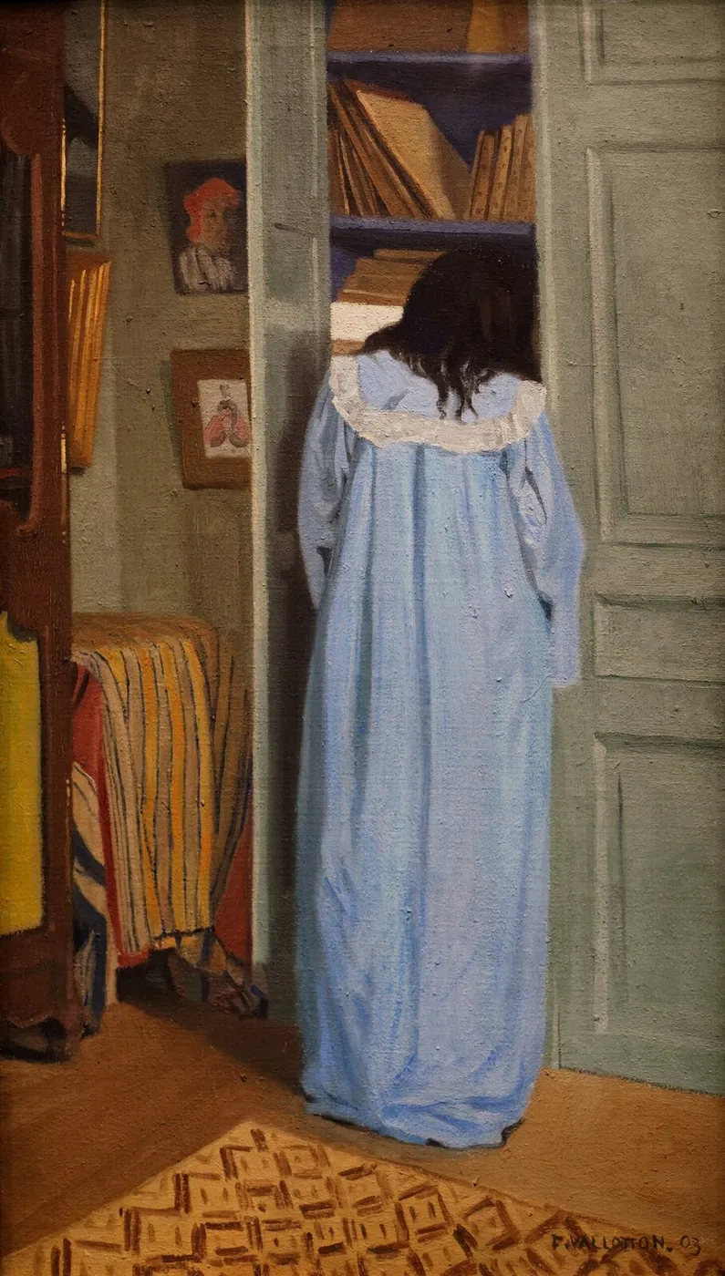 Interior, woman in blue searching in a cupboard (1903) by Félix Vallotton — original painting reproduced as a hand-painted oil on canvas