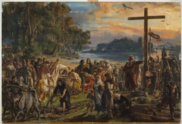 Introduction of Christianity in Poland (1889) by Jan Matejko — original painting reproduced as a hand-painted oil on canvas