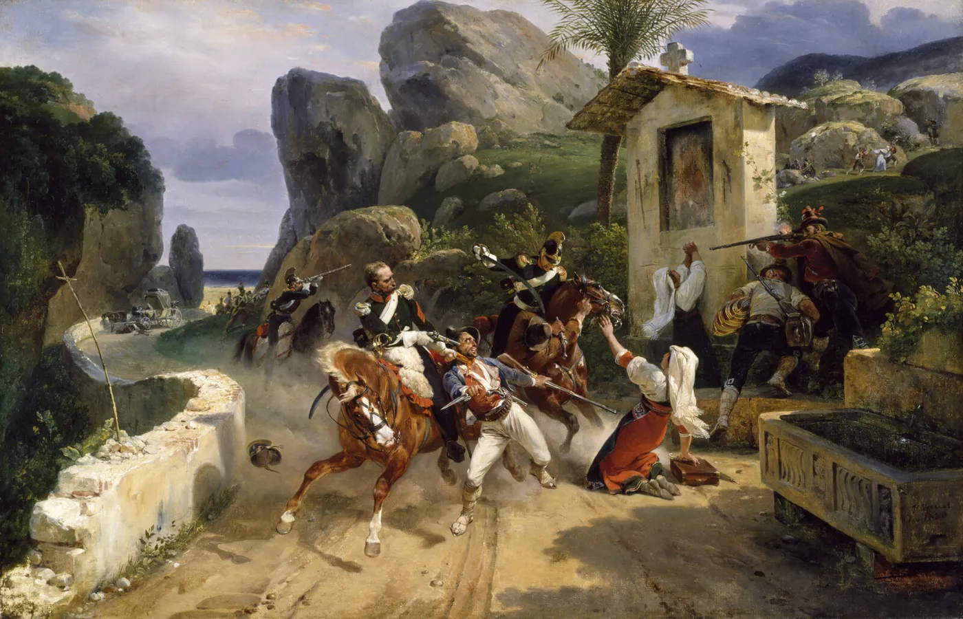 Italian Brigands Surprised by Papal Troops (1831) by Horace Vernet — original painting reproduced as a hand-painted oil on canvas