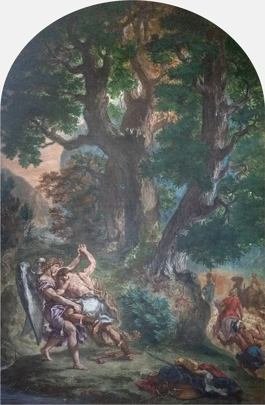 Jacob Wrestling with the Angel (1849) by Eugène Delacroix — original painting reproduced as a hand-painted oil on canvas