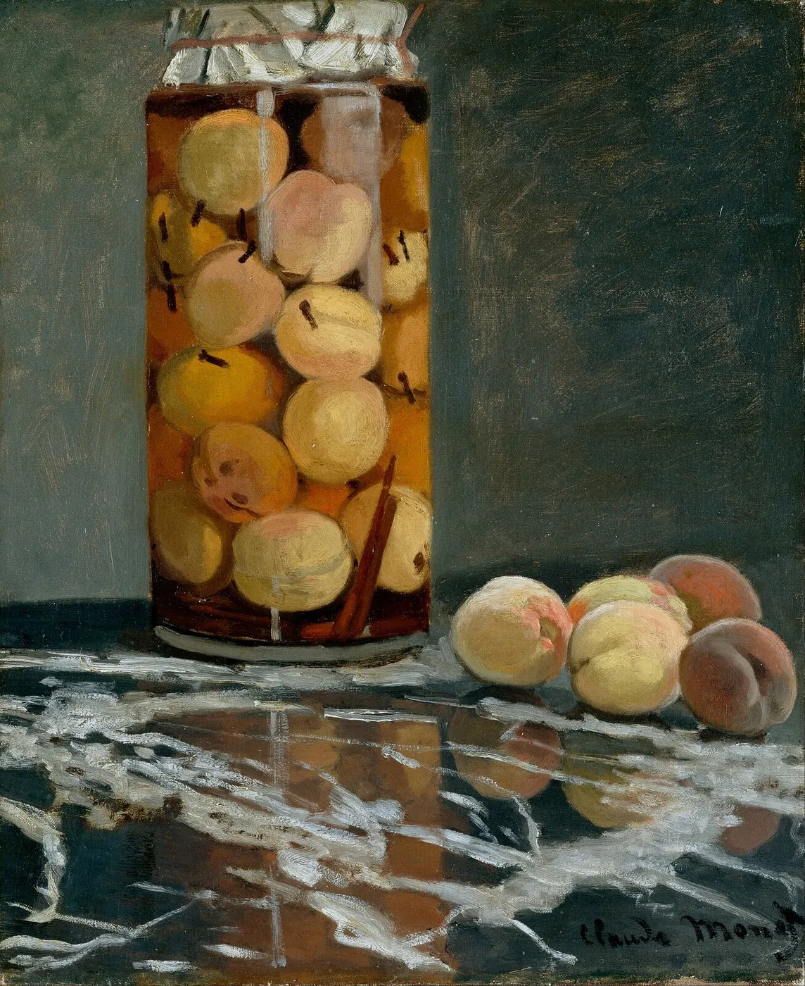 Jar of Peaches (1866) by Claude Monet — original painting reproduced as a hand-painted oil on canvas