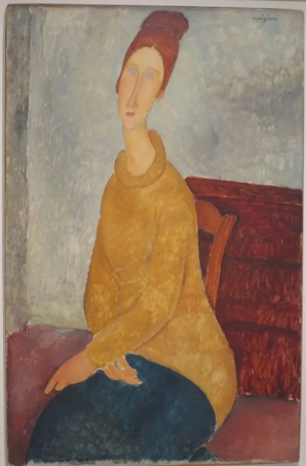 Jeanne Hébuterne in yellow sweater (1918) by Amedeo Modigliani — original painting reproduced as a hand-painted oil on canvas