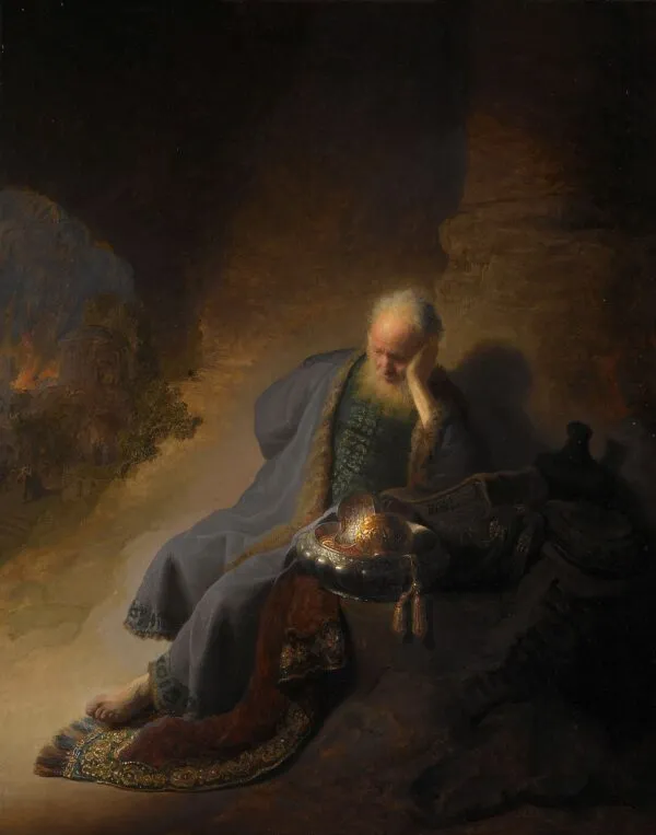 Jeremiah Lamenting the Destruction of Jerusalem (1630) by Rembrandt — original painting reproduced as a hand-painted oil on canvas