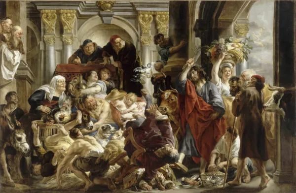 Jesus Driving the Merchants from the Temple (1647) by Jacob Jordaens — original painting reproduced as a hand-painted oil on canvas