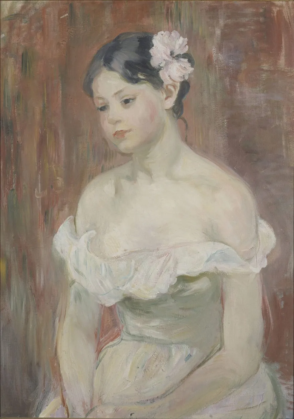 Jeune Fille au décolleté, la fleur aux cheveux (1893) by Berthe Morisot — original painting reproduced as a hand-painted oil on canvas