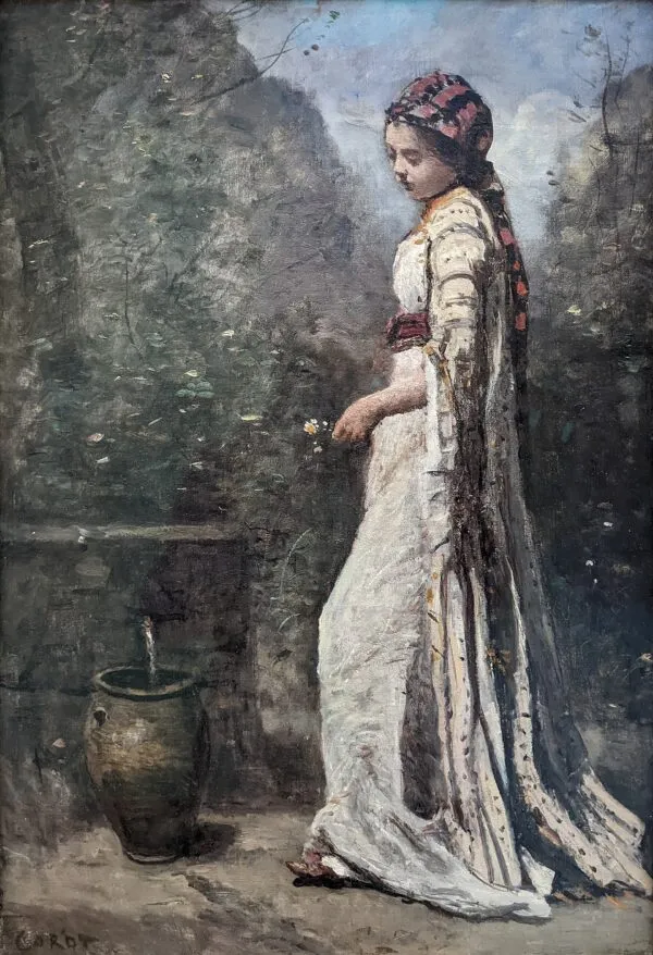 Jeune fille grecque à la fontaine (1867) by Jean-Baptiste Camille Corot — original painting reproduced as a hand-painted oil on canvas