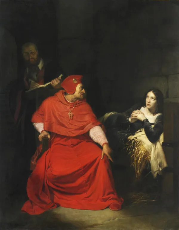 Joan of Arc is interrogated by The Cardinal of Winchester in her prison (1824) by Paul Delaroche — original painting reproduced as a hand-painted oil on canvas