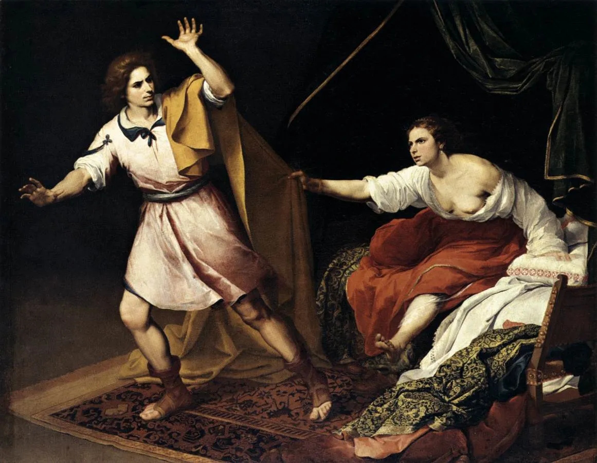 Joseph and Potiphar's Wife (1640) by Bartolomé Esteban Murillo — original painting reproduced as a hand-painted oil on canvas