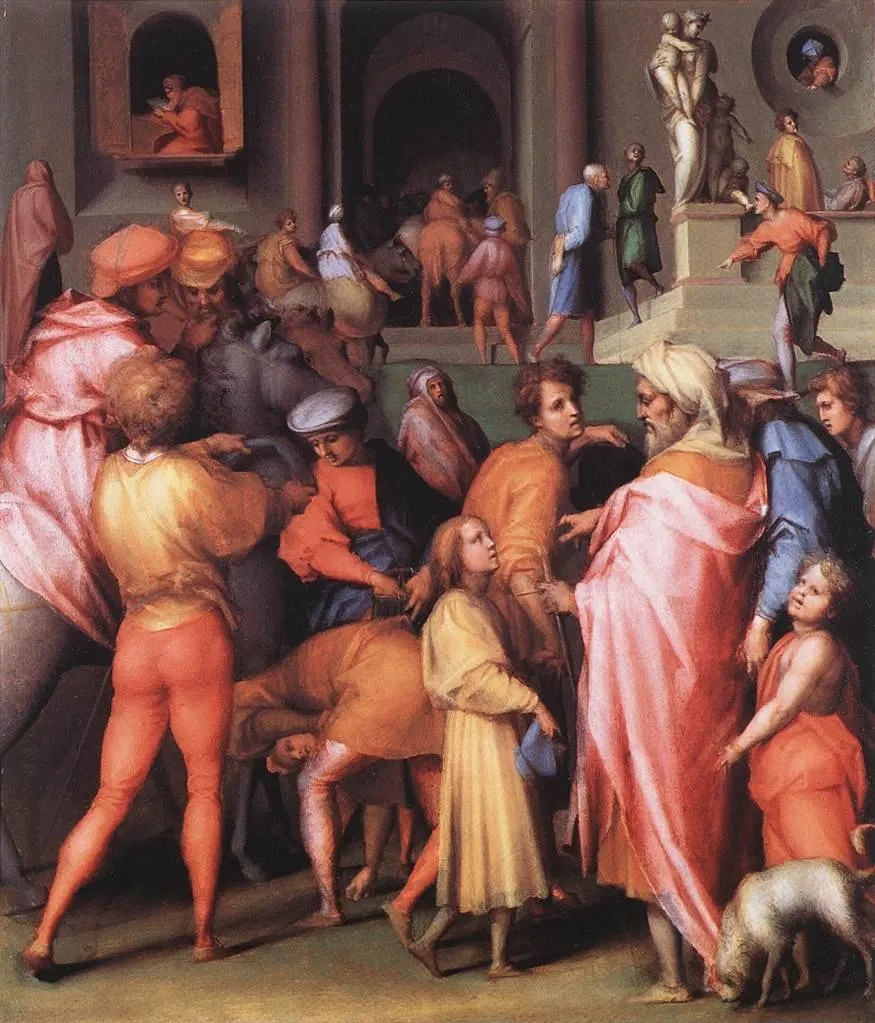 Joseph sold to Potiphar (1515) by Pontormo — original painting reproduced as a hand-painted oil on canvas