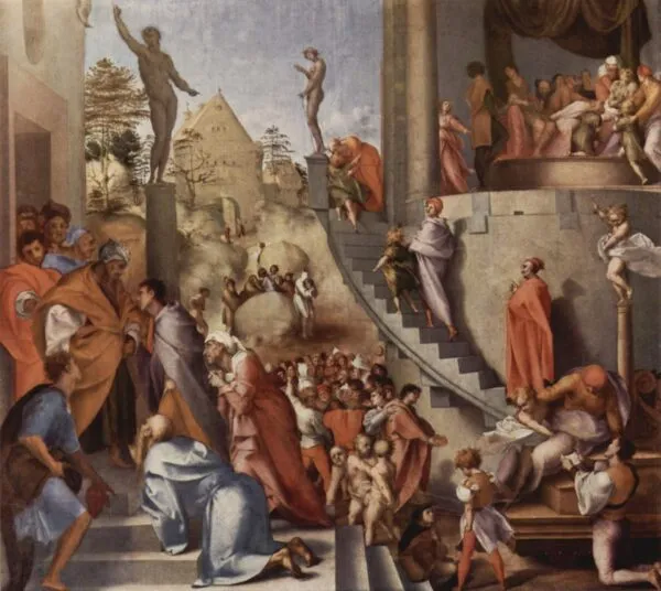 Joseph with Jacob in Egypt (1518) by Pontormo — original painting reproduced as a hand-painted oil on canvas