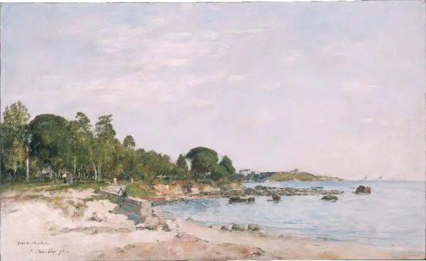 Juan-les-pins, the Bay and the Shore (1893) by Eugène Louis Boudin — original painting reproduced as a hand-painted oil on canvas