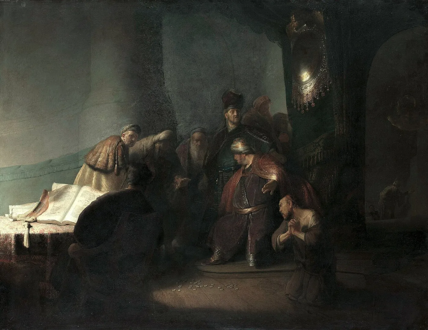 Judas Repentant, Returning the Pieces of Silver (1629) by Rembrandt — original painting reproduced as a hand-painted oil on canvas