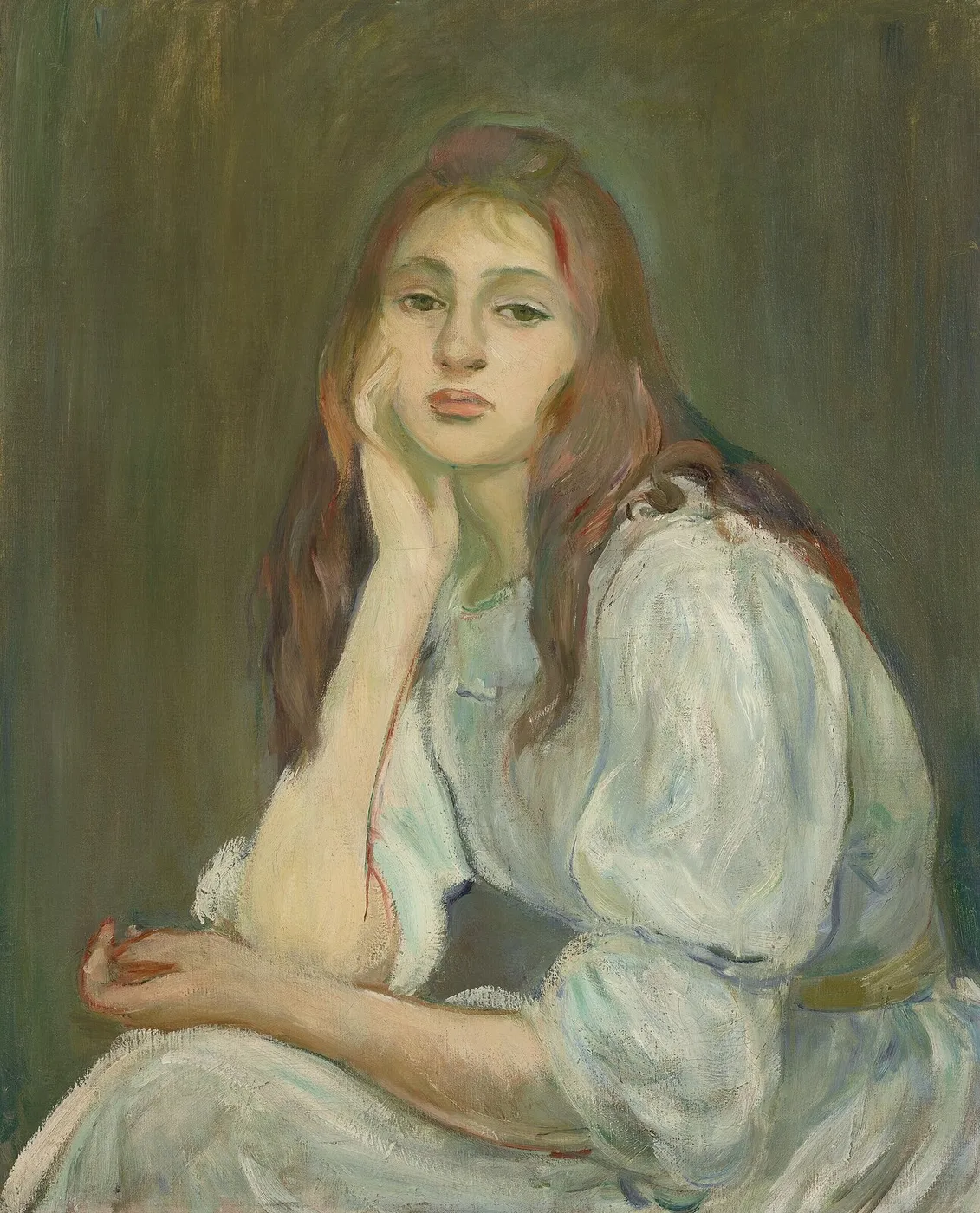 Julie Daydreaming (1893) by Berthe Morisot — original painting reproduced as a hand-painted oil on canvas