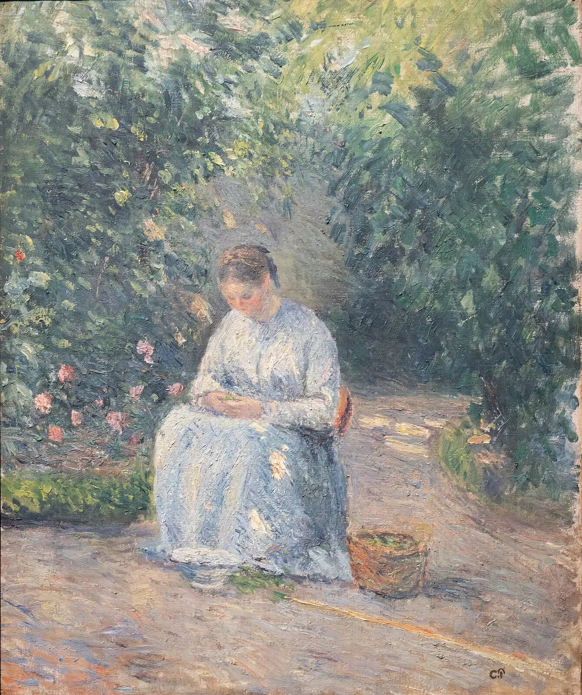 Julie Pissarro shelling peas — Camille Pissarro