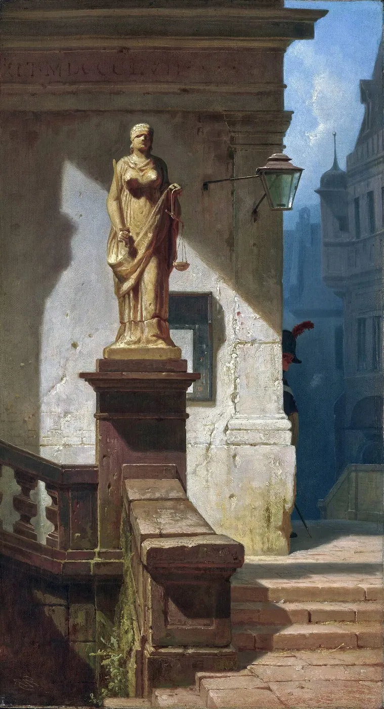Justitia (1857) by Carl Spitzweg — original painting reproduced as a hand-painted oil on canvas