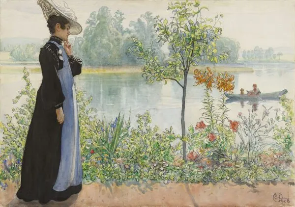 Karin by the shore (1908) by Carl Larsson — original watercolour reproduced as a hand-painted oil on canvas