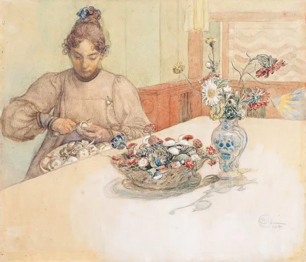 Karin Peeling Apples (1904) by Carl Larsson — original watercolour reproduced as a hand-painted oil on canvas