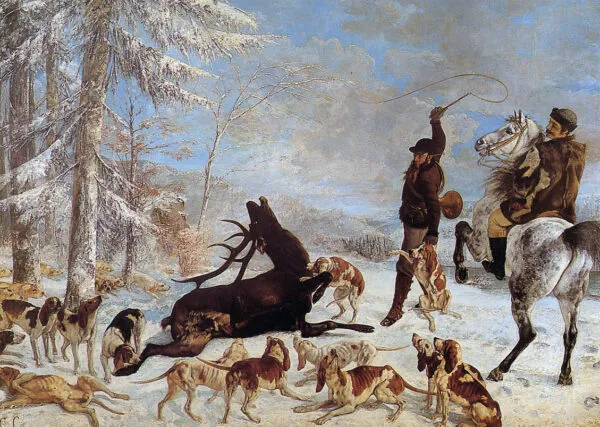Killing a Deer (1867) by Gustave Courbet — original painting reproduced as a hand-painted oil on canvas
