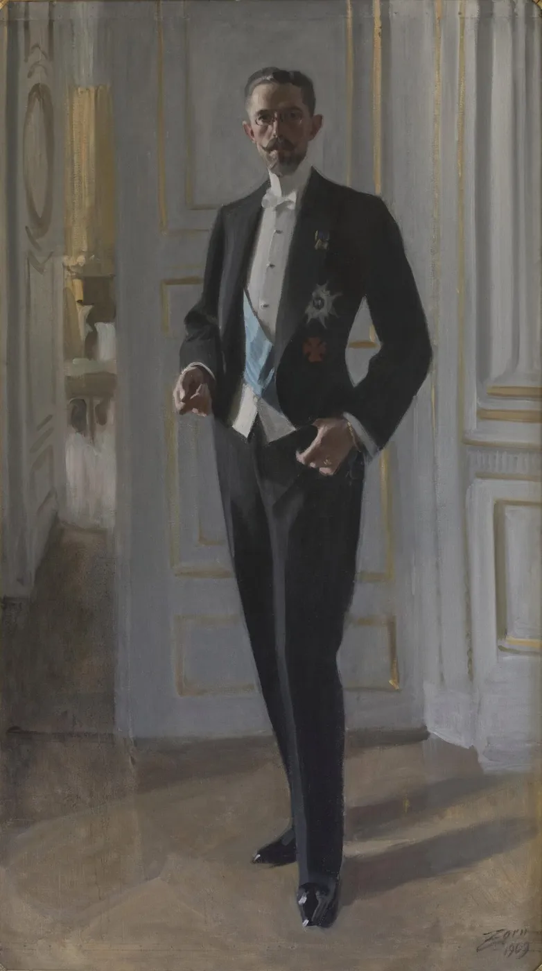 King Gustav V (1909) by Anders Zorn — original painting reproduced as a hand-painted oil on canvas