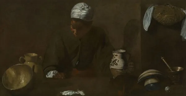 Kitchen Scene (1618) by Diego Velázquez — original painting reproduced as a hand-painted oil on canvas