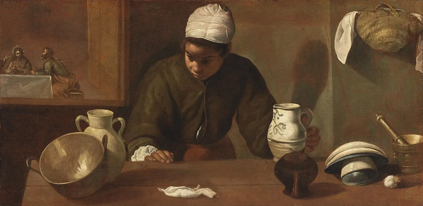 Kitchen Scene with the Supper in Emmaus (1618) by Diego Velázquez — original painting reproduced as a hand-painted oil on canvas