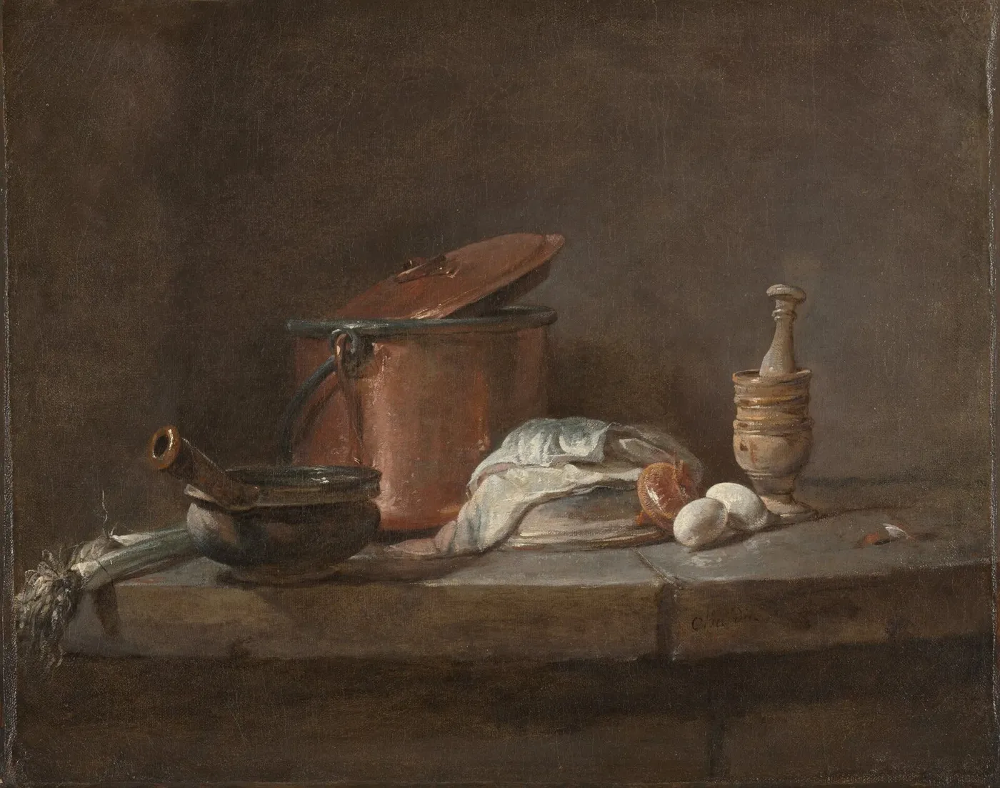 Kitchen Utensils with Leeks, Fish, and Eggs (1734) by Jean-Baptiste-Siméon Chardin — original painting reproduced as a hand-painted oil on canvas