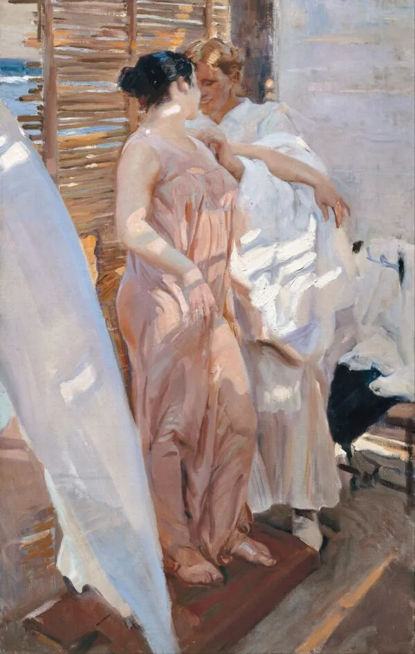 La bata rosa (1916) by Joaquín Sorolla — original painting reproduced as a hand-painted oil on canvas