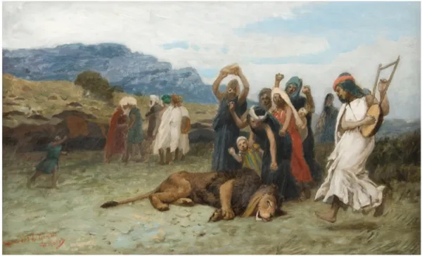 La Chasse au lion (1900) by Jean-Léon Gérôme — original painting reproduced as a hand-painted oil on canvas