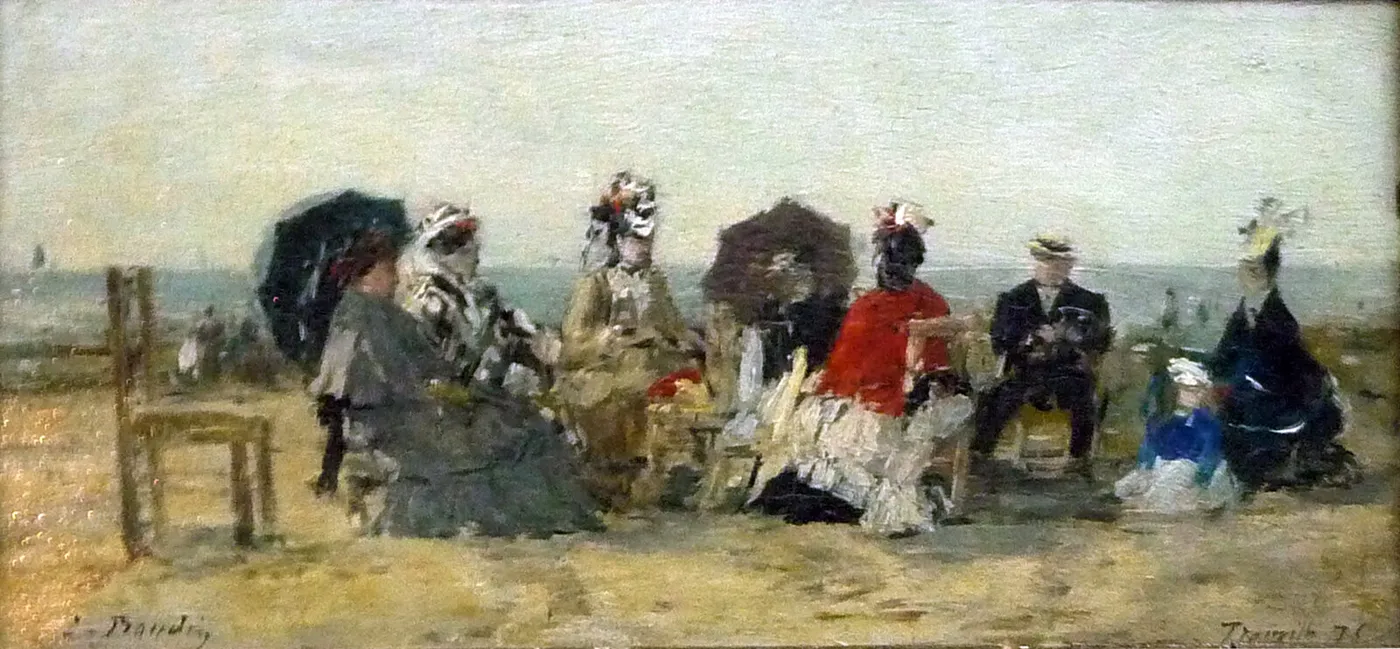 La Conversation sur la plage de Trouville (1873) by Eugène Louis Boudin — original painting reproduced as a hand-painted oil on canvas