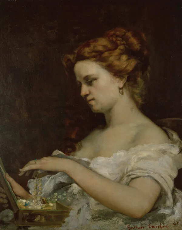 La Dame aux bijoux (1867) by Gustave Courbet — original painting reproduced as a hand-painted oil on canvas