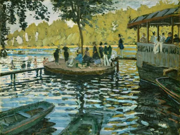 La Grenouillère (1869) by Claude Monet — original painting reproduced as a hand-painted oil on canvas