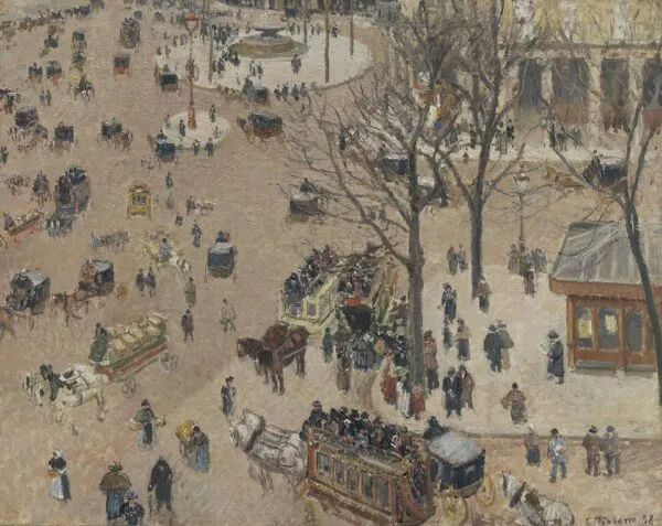 La Place du Théâtre Français (1898) by Camille Pissarro — original painting reproduced as a hand-painted oil on canvas