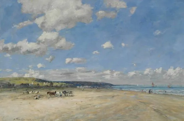 La plage de Tourgeville (1888) by Eugène Louis Boudin — original painting reproduced as a hand-painted oil on canvas
