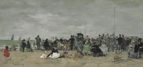 La plage de Trouville (1874) by Eugène Louis Boudin — original painting reproduced as a hand-painted oil on canvas