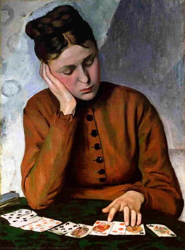 La Tireuse de cartes (1869) by Frédéric Bazille — original painting reproduced as a hand-painted oil on canvas