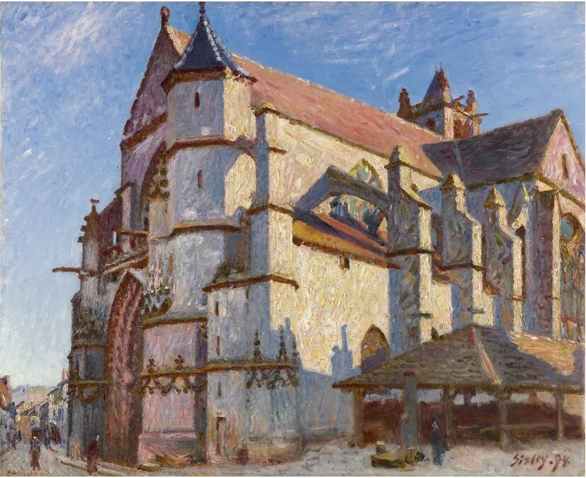 La Vieille Église de Moret, le matin au soleil (1894) by Alfred Sisley — original painting reproduced as a hand-painted oil on canvas