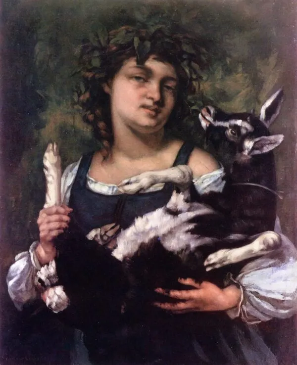 La Villageoise au chevreau (1860) by Gustave Courbet — original painting reproduced as a hand-painted oil on canvas