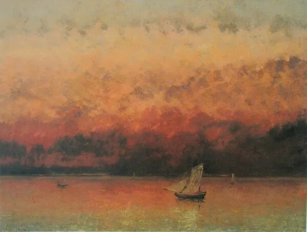 Lac Léman, soleil couchant (1875) by Gustave Courbet — original painting reproduced as a hand-painted oil on canvas