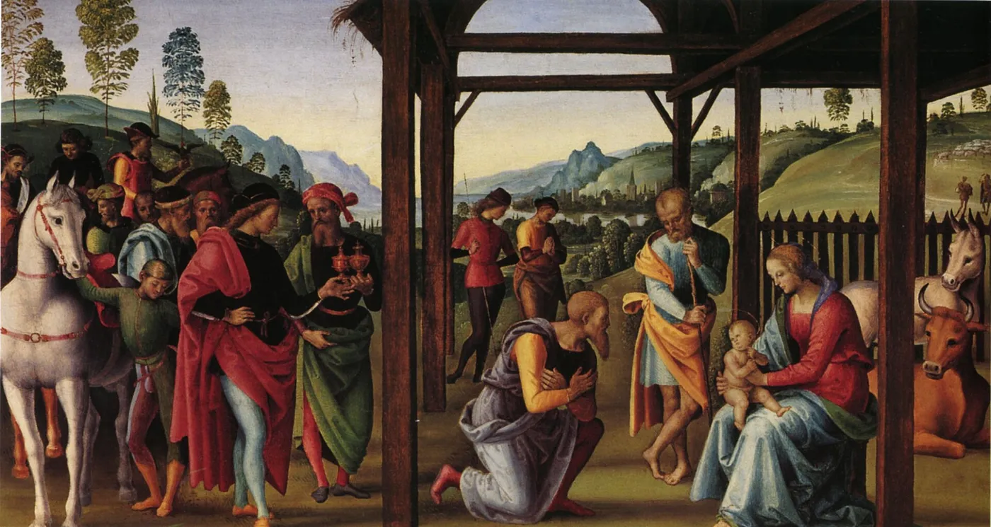 L'Adoration des mages (1497) by Pietro Perugino — original painting reproduced as a hand-painted oil on canvas