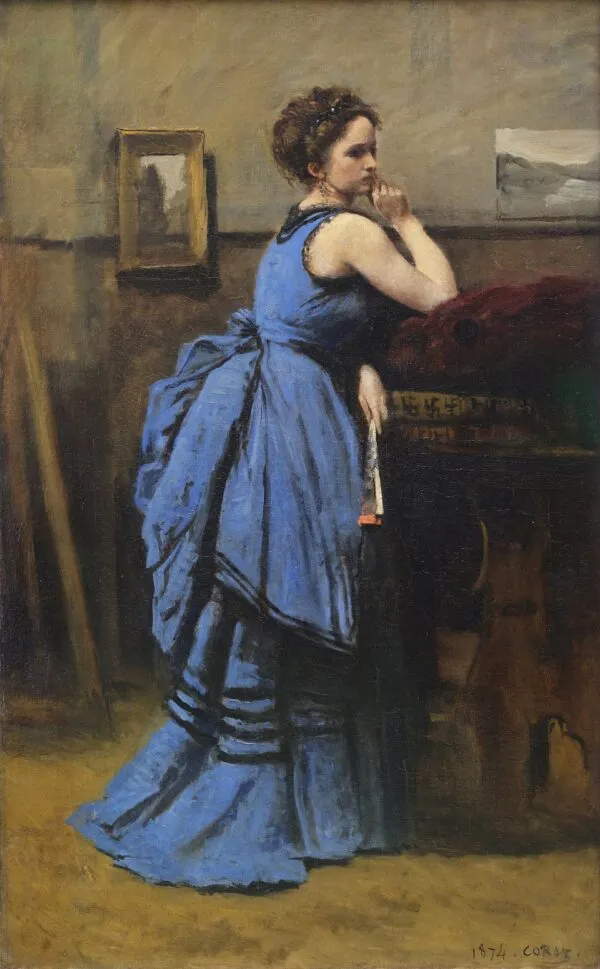 Lady in Blue (1874) by Jean-Baptiste Camille Corot — original painting reproduced as a hand-painted oil on canvas