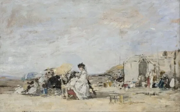 Lady in White on the Beach at Trouville (1869) by Eugène Louis Boudin — original painting reproduced as a hand-painted oil on canvas