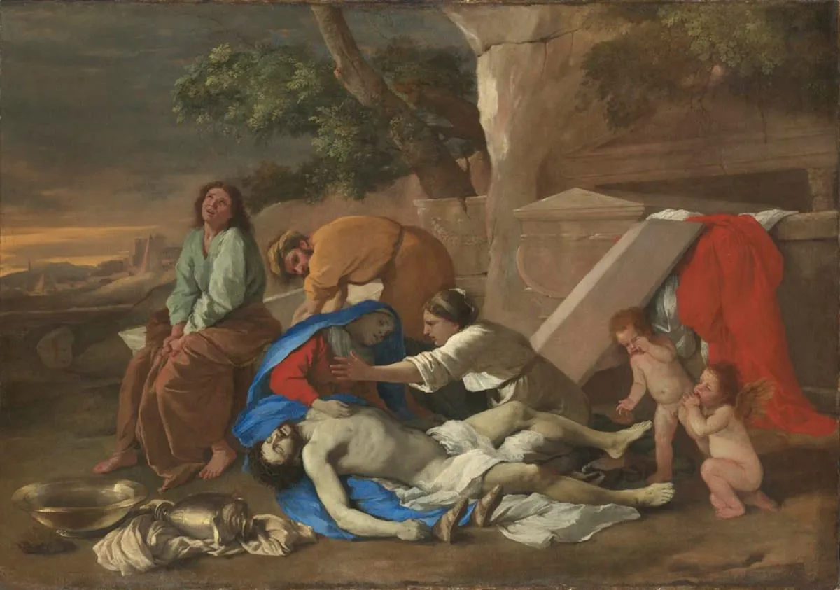 Lamentation over the Body of Christ (1628) by Nicolas Poussin — original painting reproduced as a hand-painted oil on canvas