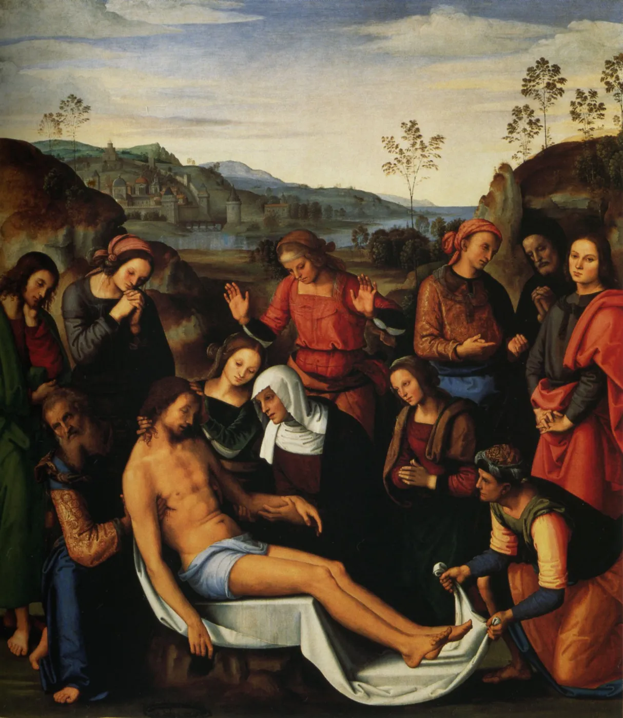 Lamentation over the Dead Christ (1495) by Pietro Perugino — original painting reproduced as a hand-painted oil on canvas