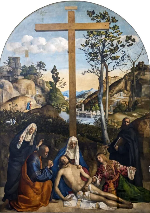 Lamentation over the Dead Christ with Joseph of Arimathea, the Virgin and Mary Magdalene, including SS. Martha and Philip Benizi (1510) by Giovanni Bellini — original painting reproduced as a hand-painted oil on canvas