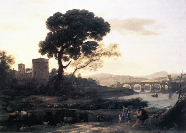 Landscape near Rome with a View of the Ponte Molle (1645) by Claude Lorrain — original painting reproduced as a hand-painted oil on canvas