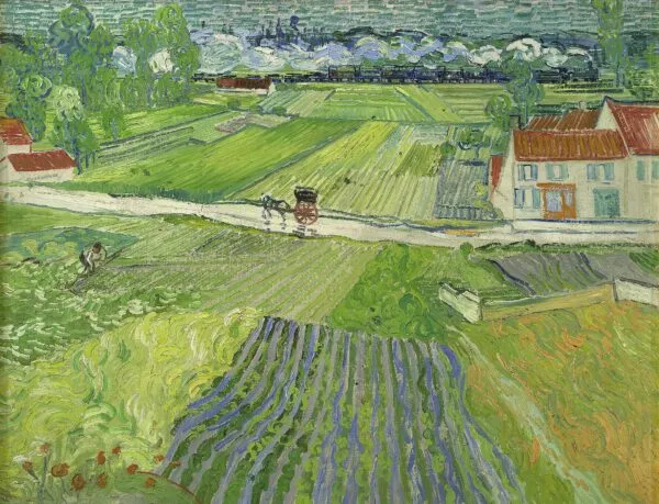 Landscape with a Carriage and a Train (1890) by Vincent van Gogh — original painting reproduced as a hand-painted oil on canvas