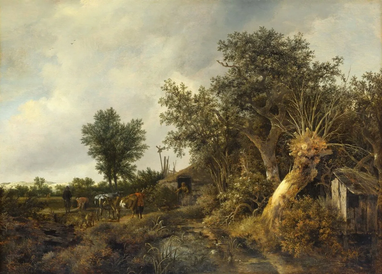 Landscape with a Cottage and Trees (1646) by Jacob van Ruisdael — original painting reproduced as a hand-painted oil on canvas