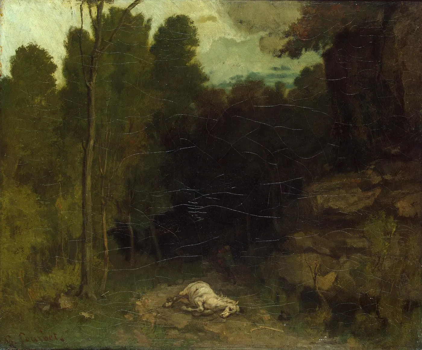 Landscape with a Dead Horse (1855) by Gustave Courbet — original painting reproduced as a hand-painted oil on canvas